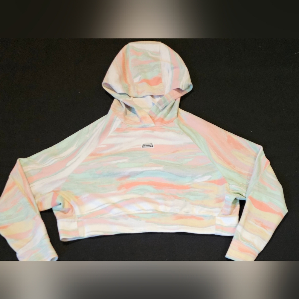 Adidas Green Pink Logo Cropped‎ Pullover Hoodie Women's Size XS